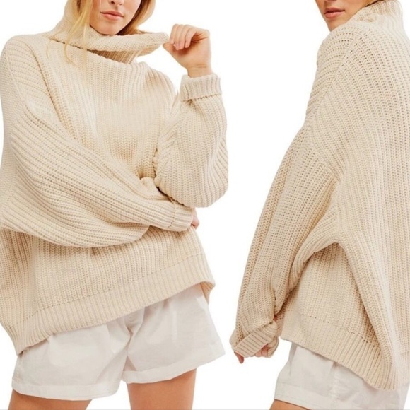 FREE PEOPLE Swim Too Deep Oversized Knitted Chunky Sweater in Tan Sz. XS - Picture 1 of 12
